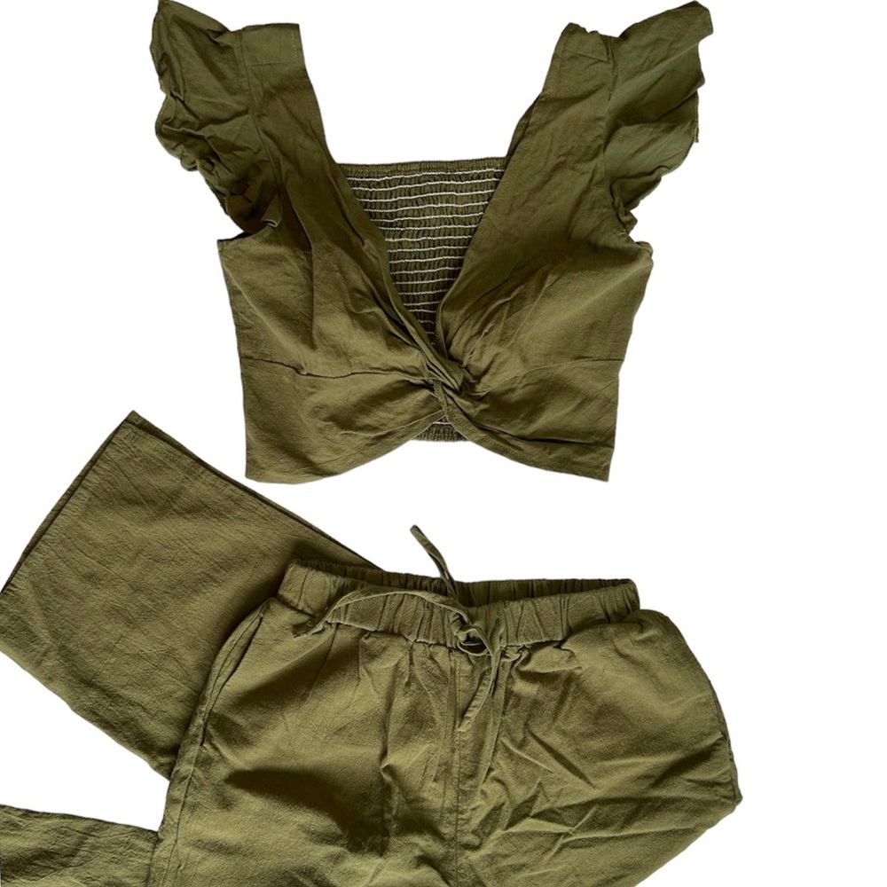 2 pc set Olive crop top and high waist pants set